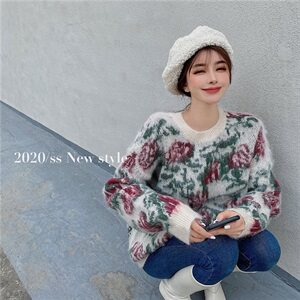 价ins马海毛磨毛质感花朵宽松软糯圆领套头毛衣图片