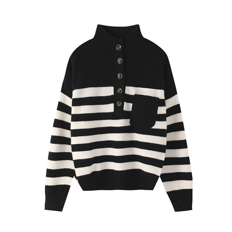 秋冬新款设计感女半开襟经典条纹羊毛衫宽松慵懒针织羊毛打底上衣，女装羊毛衫，悦玛羊绒