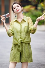 夏季薄款防晒衬衫短裤两件套女2024新款宽松百搭时尚提花休闲套装，女装套装/套裙，采品优优
