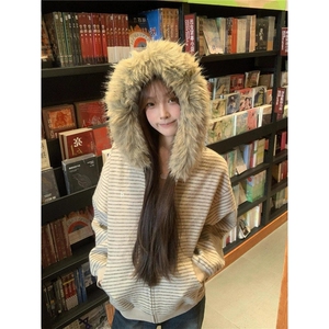 美式复古条纹连帽毛领卫衣男女秋季拉链开衫情侣上衣短款正肩外套图片