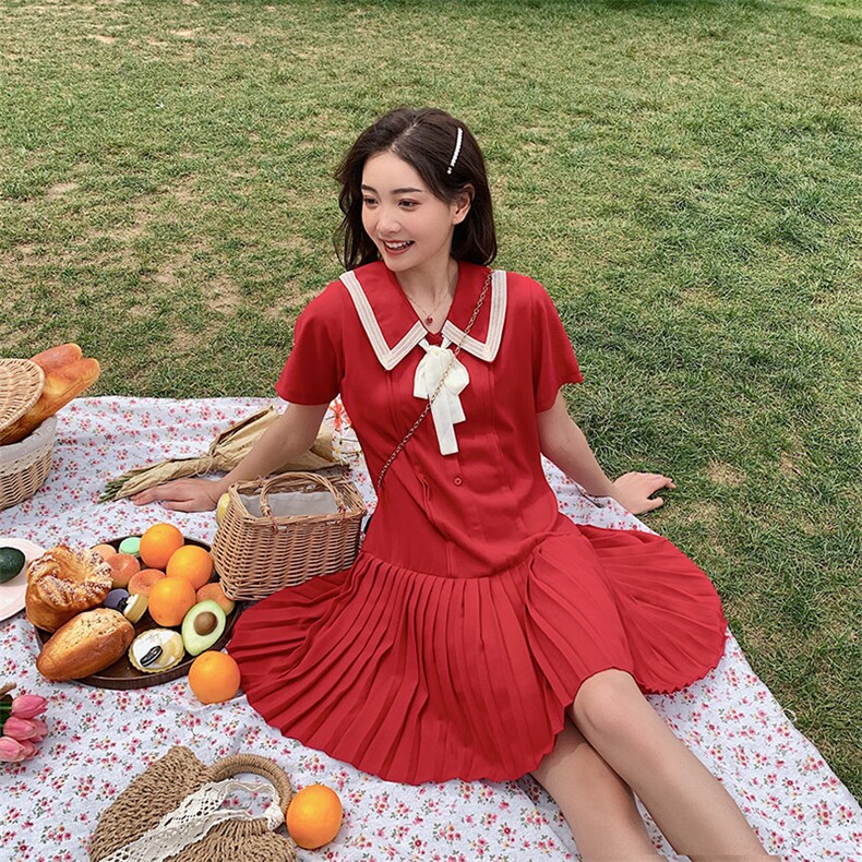 现货2021夏季新款娃娃领蝴蝶结连衣裙浙宝292A货号W006图片