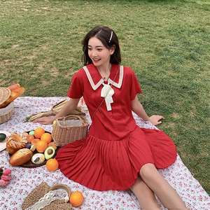 现货2021夏季新款娃娃领蝴蝶结连衣裙浙宝292A货号W006图片