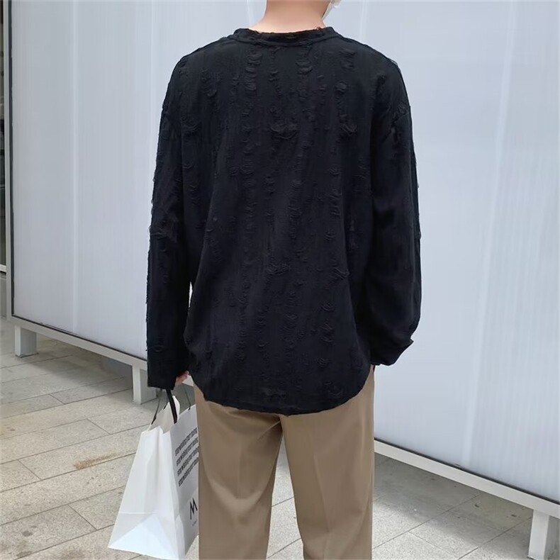 JY264-P36男装港风秋款长袖圆领T恤宽松休闲炸街破洞上衣潮网图,男装T恤,星座1501-3
