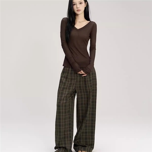 CrushOnit 慵懒松弛感复古咖啡格子裤宽松显瘦百搭阔腿休闲长裤女图片