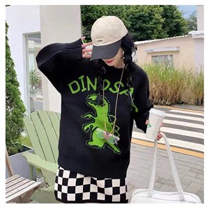 杨泡泡黑色恐龙毛衣女秋季新款宽松韩版慵懒风设计感套头针织上衣图片