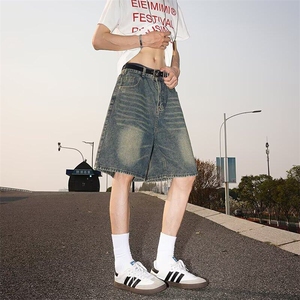 美式复古牛仔短裤男夏季薄款中裤潮牌男生宽松裤子日系休闲五分裤图片