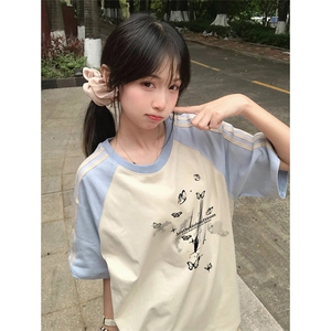 抖音得物品质二开240克宽松纯棉美式潮牌插肩三杠织带短袖T恤