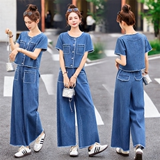 牛仔套装2025年夏季时尚气质休闲短袖上衣外套+阔腿长裤两件套女，女装套装/套裙，关键词