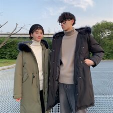 2019冬季新港风情侣毛领抽绳大码中长连帽加厚加棉衣男M738-P145，男装棉衣，电商A001