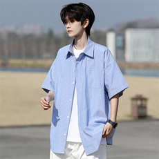 8XL-M条纹短袖衬衫男夏季宽松慵懒风痞帅大码衬衣外套DC28001P40，男装衬衫，电商B312