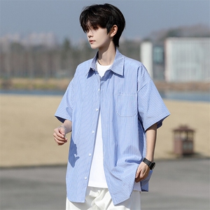 8XL-M 条纹短袖衬衫男夏季宽松慵懒风痞帅大码衬衣外套DC28001P40图片