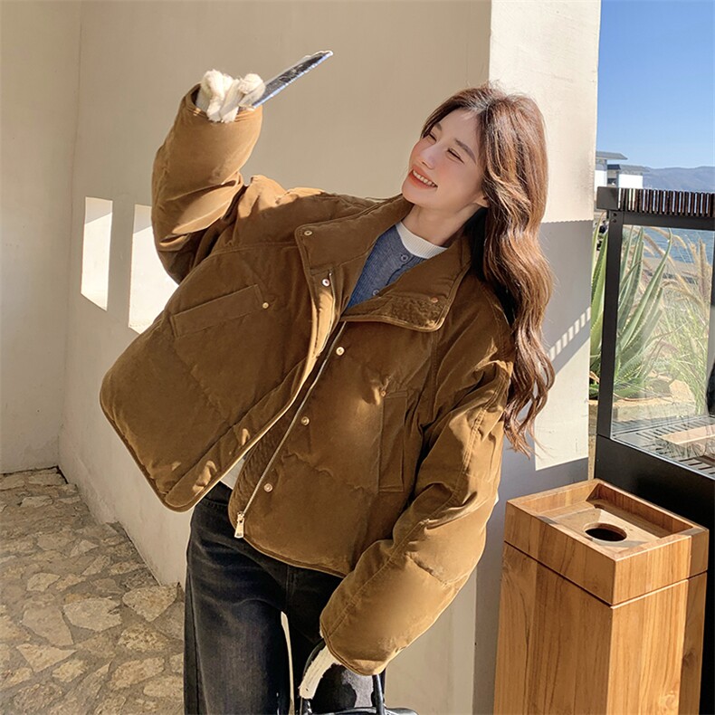 焦糖色复古丝绒短款羽绒服女2025冬季小个子保暖厚实90白鸭绒外套,女装羽绒服,2C170