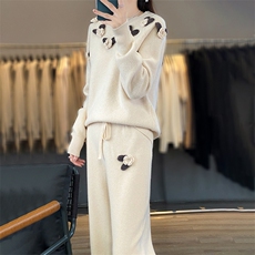 2024年秋季时尚气质百搭纯色简约针织套装，女装套装/套裙，鹏源羊绒