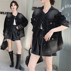 欧货圆领长袖牛仔外套女早秋新款设计感四口袋中长款美式短外套潮，女装牛仔外套，潮流依族