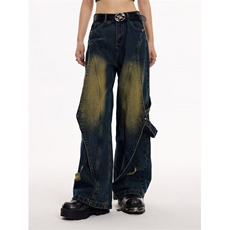 现货高街vibe风重工牛仔裤男宽松直筒拼接阔腿长裤子WL88122-p55，男装牛仔裤，星座1008