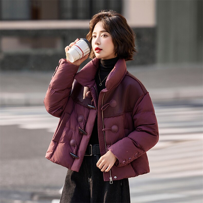 小个子羽绒服女2024冬季新款独特超好看设计感短款红色拼皮厚外套,女装羽绒服,靓衣阁