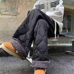 羊羔绒棉裤菱格纹休闲运动男女秋冬加厚高腰阔腿宽松裤A656/P48图片