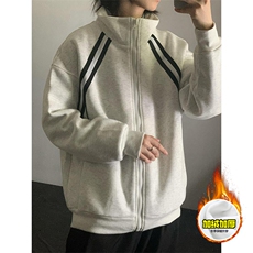 480G重磅加绒硬挺boxy男女秋冬美式高街织带撞色立领卫衣开衫外套，女装短外套，电商A486-1