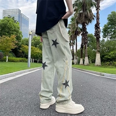 新款潮刺绣牛仔裤男秋季美式复古宽松阔腿直筒拖地潮牌裤子，男装牛仔裤，星座410-6（原星座1304-1）