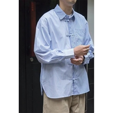 设计感小众别致条纹拼接盘扣衬衫男女秋季潮牌风新中式长袖上衣，男装衬衫，星座506A
