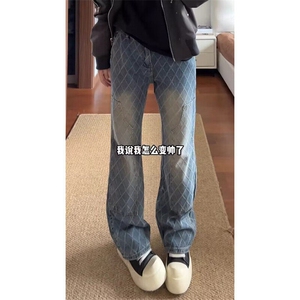 美式高街牛仔裤男格子设计感微喇裤修身显瘦直筒长裤 N6064图片