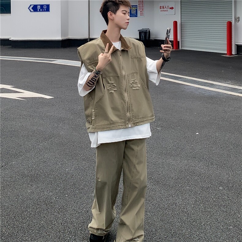 美式潮牌复古牛仔夹克男生廓形设计坎肩马甲套装,男装夹克,星座716-3