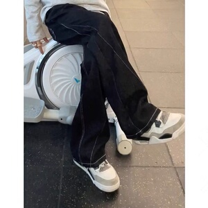 美式高街黑色男女小众设计感明线飘带牛仔裤S453 P47图片