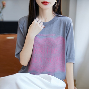 夏季圆领短袖t恤遮肚显瘦宽松减龄软糯天丝薄款上衣时尚印花小衫图片