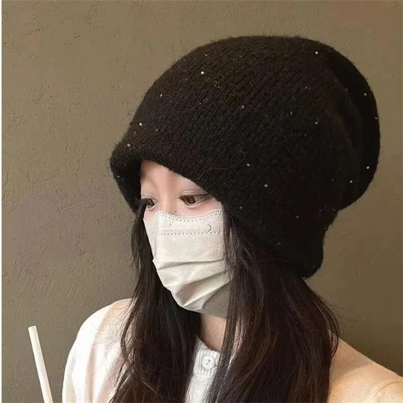 毛线帽女秋冬宽松大头围堆堆针织帽一帽两戴护耳，帽子，洛丽兰可