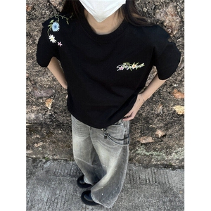 MEDM花卉印花短袖男款夏季美式高街小领口t恤高级感痞帅潮牌半袖图片
