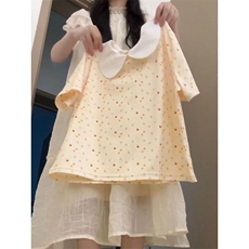 日系甜美可爱穿搭一整套装童趣格纹背带短裤女学生学院娃娃领，女装套装/套裙，星座1210-1