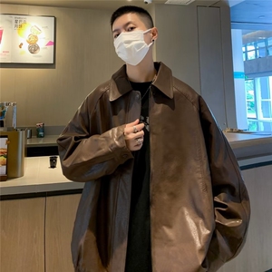 褶皱设计感男士外套春秋季青少年宽松翻领皮夹克 MJK40  P70图片