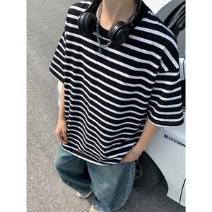 得物抖音品质条纹短袖男女T恤情侣装T2501-P35图片