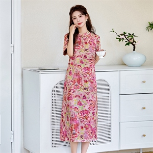新中式连衣裙女2025年夏季新款国风复古印花盘扣改良短袖旗袍裙子
