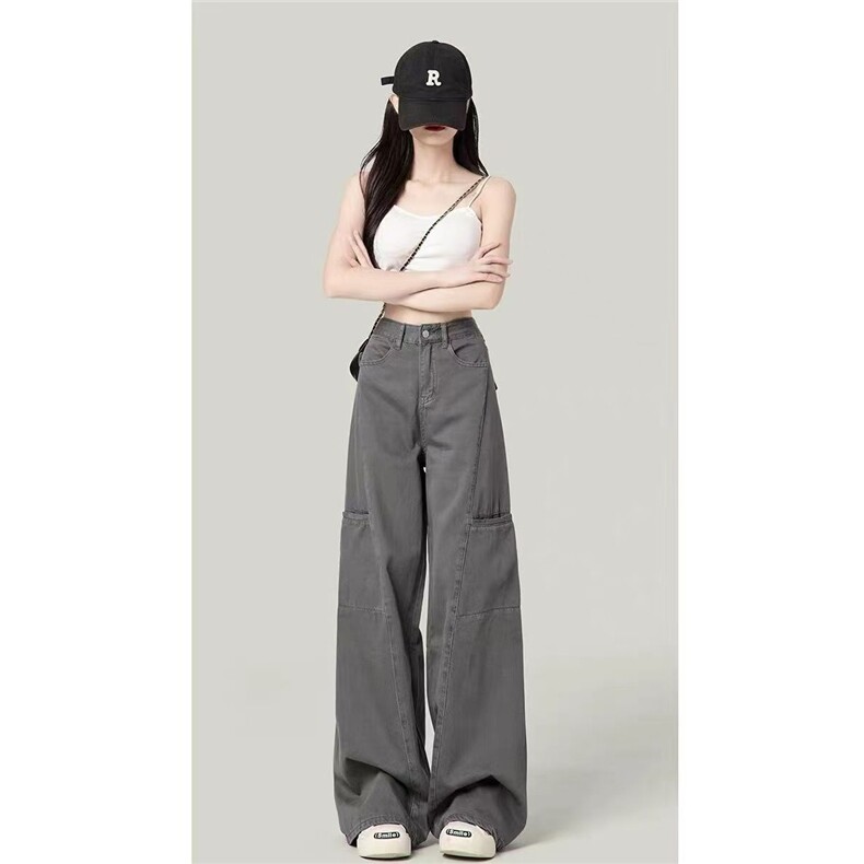 美式灰色工装牛仔裤女秋季新款宽松显瘦直筒高腰休闲阔腿拖地裤子,男装牛仔裤,星座506A