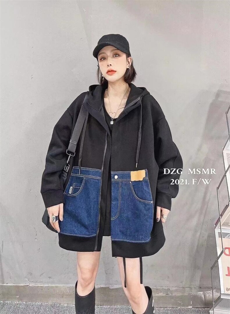 爱美欧现货牛仔口袋加绒卫衣外套，女装卫衣/绒衫，爱美欧