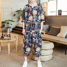 WY2P75咖啡厅2024春夏新款风亚麻潮流时尚宽松休闲印花套装，男装休闲套装，电商A026