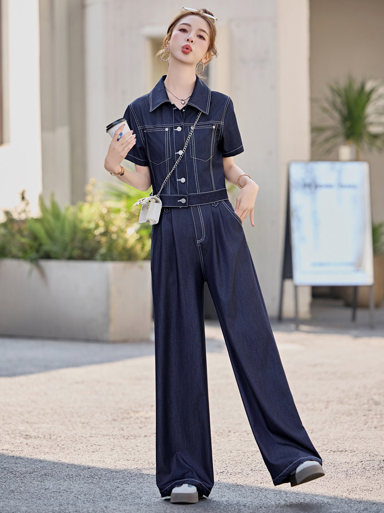 （新款现货）2026夏时尚薄款天丝牛仔短袖阔腿裤套装女（两件套）,女装牛仔外套,印象茜