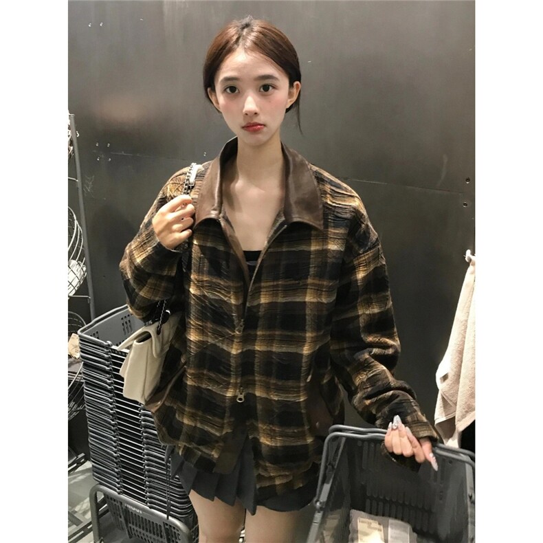 B997-P86美式复古翻领格子夹克男女2025秋季新款宽松百搭棒球服,男装T恤,电商B323A