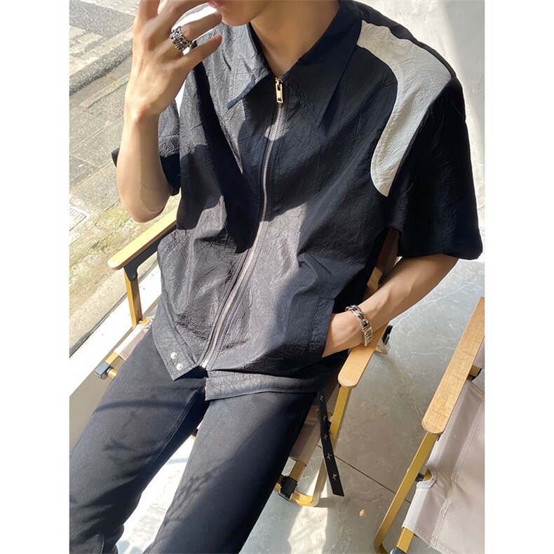 撞色拼接cleanfit短袖衬衫男垫肩高级感小众设计尼龙褶皱半袖衬衣,男装衬衫,四季星座505