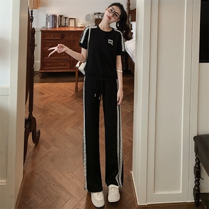 女夏季欧货高端纯色时尚运动休闲套装短袖上衣高腰阔腿长裤两件套图片