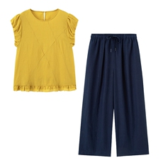 2026新款天丝苎麻短袖夏季女圆领黄衬衫两件套时尚休闲九分裤套装，女装衬衫，梦懿尔