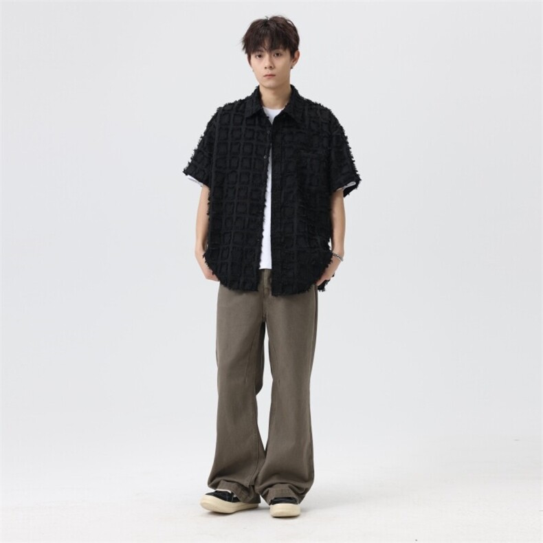 盐系男友风衬衫男小香风外套短袖上衣流苏格子衬衣夏季C2085-P45,男装衬衫,星座210-1