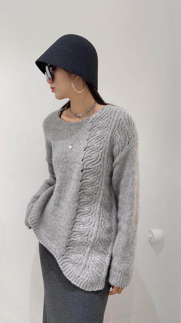 个性纹路斜下摆毛衣，女装针织衫/毛衣，SHANGCHUN·W 汪尚春