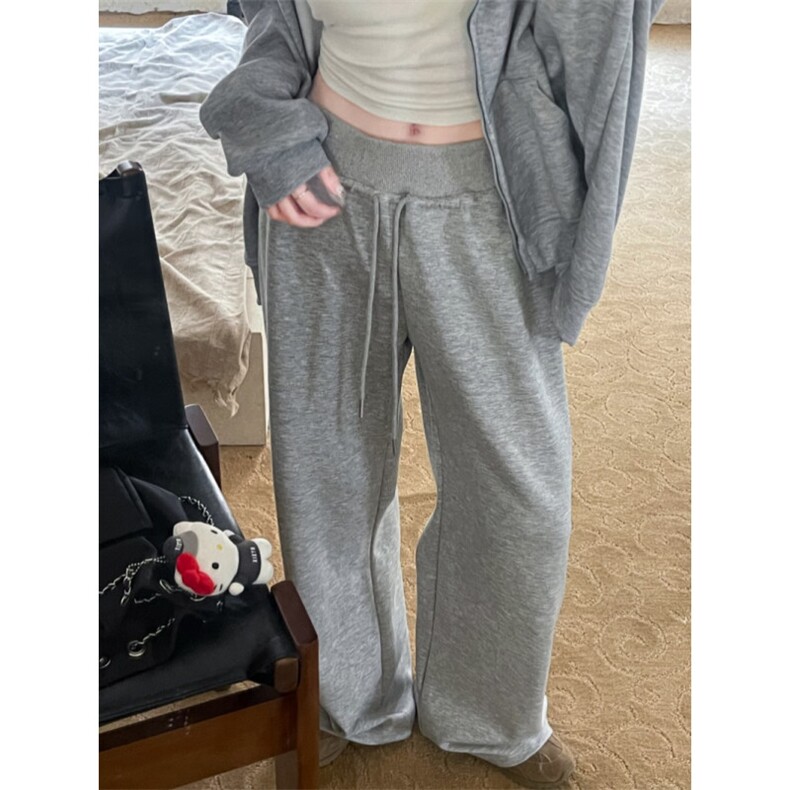 灰色裤子松紧腰抽绳阔腿裤女早秋季垂感休闲直筒裤拖地长裤遛弯裤,女装休闲裤,星座1210-1