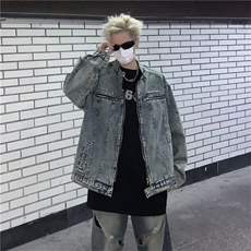 美式复古做旧水洗垫肩短款拼接牛仔外套潮金属无领夹克男JN1224，男装夹克，星座1116A-1（原606A）