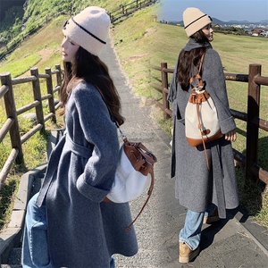 紫色高级感长款过膝双面羊毛大衣女2025冬季新款气质围巾毛呢外套图片