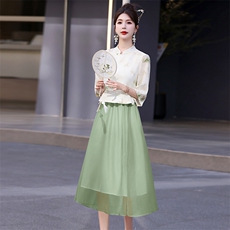 /新中式植绒绣汉服套装女夏季新款国风禅意茶服两件套，女装套装/套裙，意芙