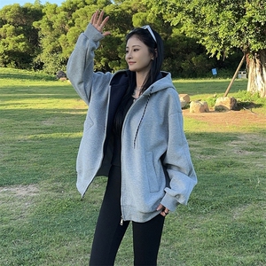 抖音得物二开美式高街重磅结构双层撞色连帽卫衣开衫外套W116图片