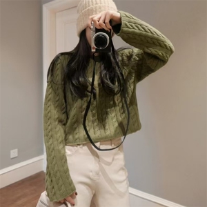 时尚百搭女士麻花纹短款圆领羊毛衫羊毛高品质保暖毛衣图片